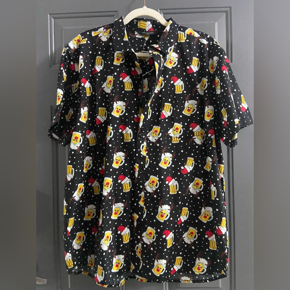 Men's Black Graphic Casual Button Down Shirt Christmas Santa Beer